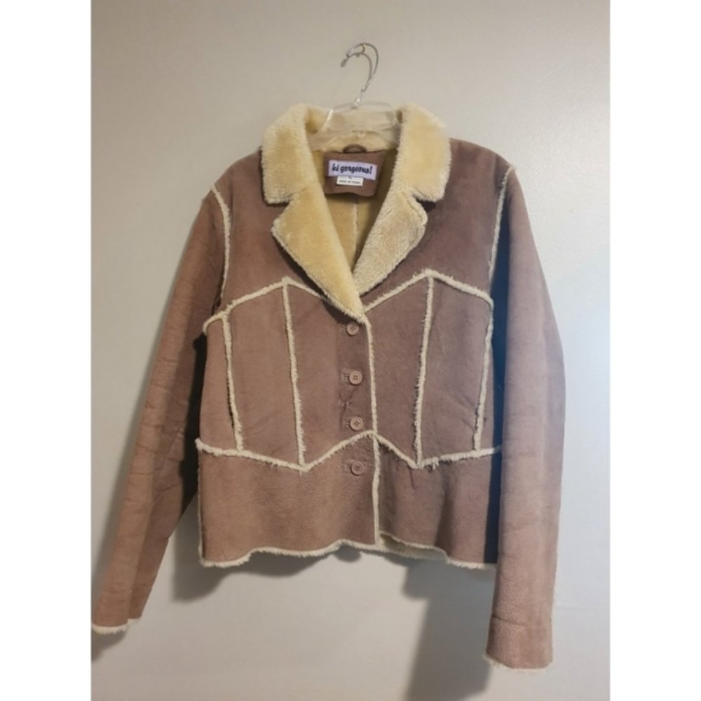 FINAL PRICE! Genuine Leather, Faux Fur Button Up Coat, Tan Light Brown, Size XL